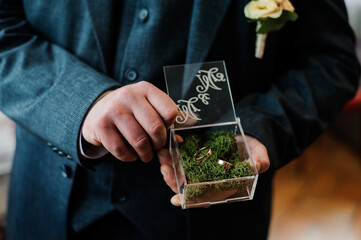 Wall Mural - Elegant Wedding Rings Presented in a Decorative Box Surrounded by Green Moss