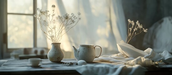 Poster - Cozy bedroom tabletop with delicate decor and softly blurred background featuring vases, teapot, and soft textiles for a serene atmosphere