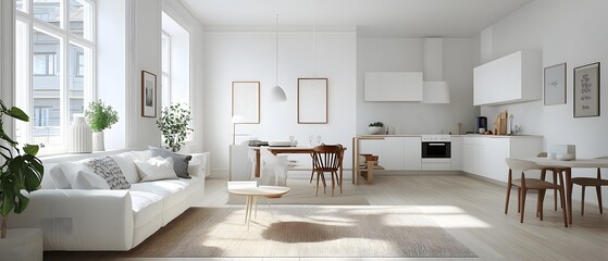 Poster - Bright and Airy Modern Kitchen and Living Room Interior Design with Minimalist Aesthetic Featuring Natural Light and Contemporary Furniture