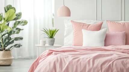 Poster - Cozy Bedroom Setting with Soft Pink Bedding and Blurred Background for Stylish Product Display or Design Layout