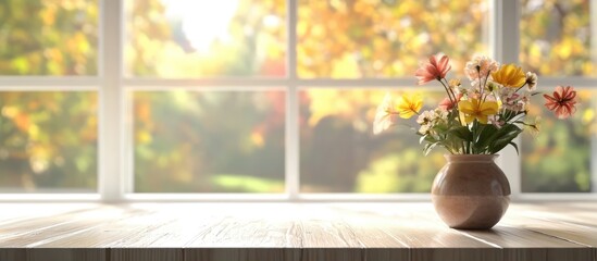Poster - Soft focus table surface with blurred window view showcasing seasonal colors and a vase of flowers for inviting product displays