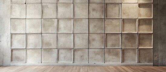 Poster - Textured concrete brick wall with warm wood flooring perfect for modern backgrounds and interior design projects