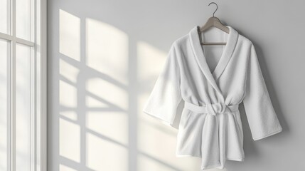 Poster - Cozy white bathrobe hanging on a wall in a bright room with natural light and shadows creating a calming atmosphere