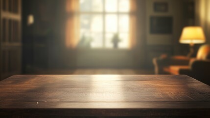 Poster - Wooden Table Surface with Blurred Cozy Living Room Background and Soft Natural Light Streaming Through Window