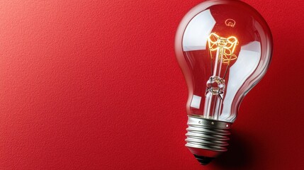 Poster - A glowing light bulb against a vibrant red background, showcasing its intricate filament design and modern aesthetic.