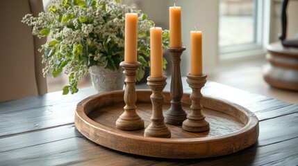 Poster - Elegant tan candlesticks on a rustic tray with decorative greenery creating a warm and inviting tabletop atmosphere