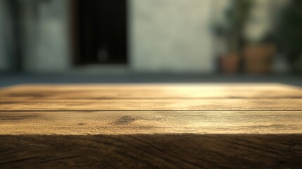 Poster - Wooden Table Surface with Softly Blurred Background in Natural Light Setting