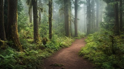 Poster - Serene woodland path through lush rain forest showcasing tranquil beauty and misty landscapes in fine art photography