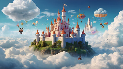 children riding on fluffy clouds in a bright sky, with castles and aicreatures made of clouds floating around them.