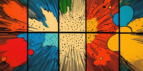 Poster - Colorful comic style artwork featuring dynamic bursts and vibrant shapes in a grid layout