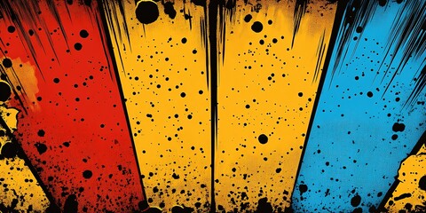 Poster - Colorful explosion of paint splatters in red, yellow, and blue creating an abstract art piece