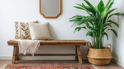 Poster - Rustic wooden bench adorned with decorative pillows and a green plant in a wicker basket, showcased in a modern apartment interior decor setting
