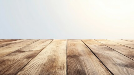 Poster - Wooden tabletop with smooth grain on light natural background ideal for showcasing products or creating stylish interior designs.