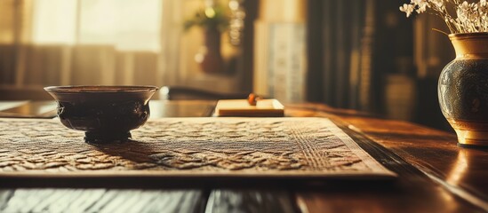 Poster - Textured tabletop with intricate designs and softly blurred background creating a captivating focal point in warm natural lighting