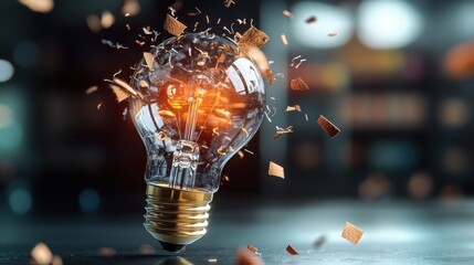 Poster - A shattered light bulb emits sparks and fragments, symbolizing innovation and the explosive nature of creativity.