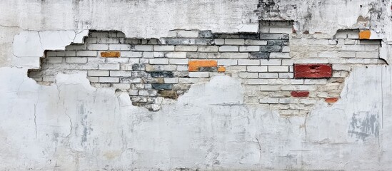 Poster - Textured white concrete wall featuring painted brickwork design for creative interior decoration and design projects