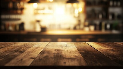 Poster - Wooden Tabletop with a Blurred Kitchen Background Illuminated by Warm Light