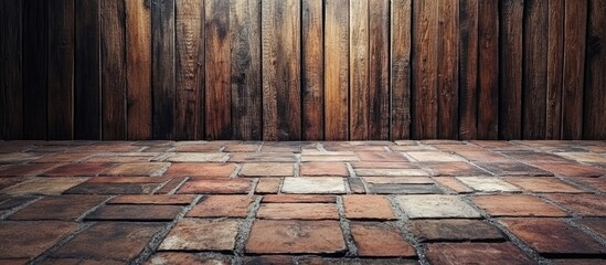 Poster - Textured brick floor and rustic wooden wall creating a unique interior design backdrop for artisanal and contemporary space inspirations