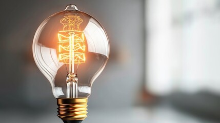 Poster - A glowing incandescent light bulb with a filament, set against a blurred background, highlighting its design and warmth.