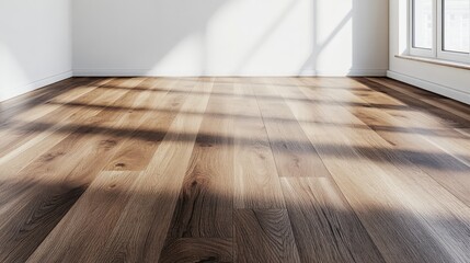 Poster - Tan sepia wood floor with sunlight shadows against a white wall ideal for text overlays and interior design presentations