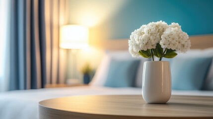 Poster - Cozy Bedroom Table Decor with Flowers and Soft Focus Background in Modern Home Setting