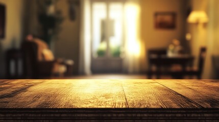 Poster - Warm Rustic Tabletop with Blurred Cozy Living Room Background Ideal for Presentations and Lifestyle Imagery