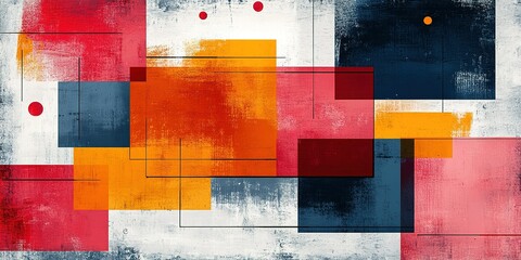 Poster - Colorful abstract geometric composition featuring bright squares and circles in contrasting hues on a textured background
