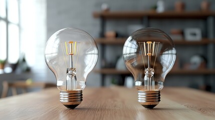 Poster - Two light bulbs are showcased on a wooden table, one transparent and the other with a tinted design, highlighting modern lamp aesthetics in a stylish interior.