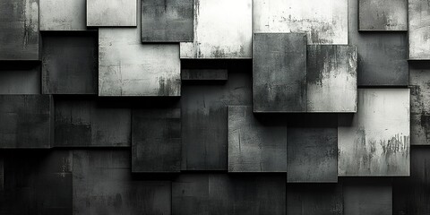 Poster - Abstract black and white wall with layered rectangular shapes creating a textured design in contemporary style