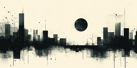 Poster - urban silhouette at dusk with black sun and abstract skyline features striking contrast of light and