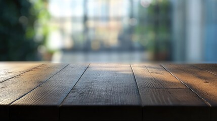 Poster - Wooden Table Surface with Blurred Background Ideal for Product Display and Photography Composition