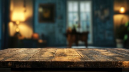 Poster - Wooden Table Top with Blurred Cozy Room Background Ideal for Product Display and Interior Design Concepts