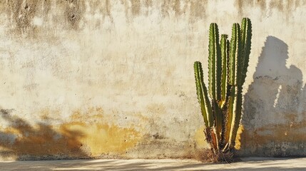 Poster - Tall spiky ornamental cactus casting a shadow beside a weathered concrete wall illuminated by warm afternoon sunlight