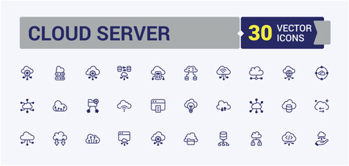 Poster - Cloud Server icons set. Includes icons for access, safe, face, computing, technology, connect and more. Isolated icons design. Outline and solid pictogram.
