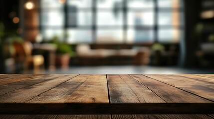 Poster - Wooden Table Top with Blurred Bedroom Background Ideal for Product Display and Visual Design Layout