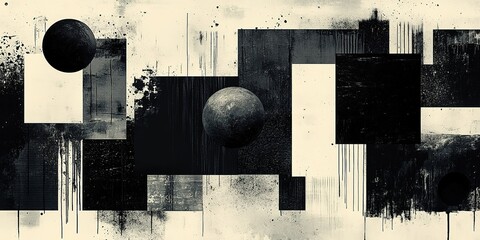 Poster - Abstract black and white geometric design with circular forms and textured backgrounds