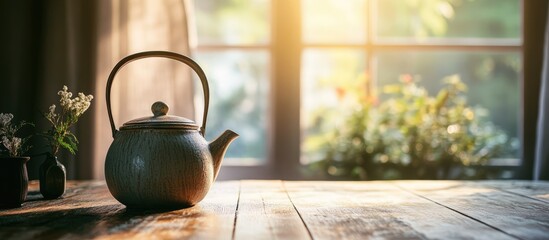 Poster - Ceramic teapot on wooden table with blurred cozy home interior creating a warm and inviting atmosphere filled with natural light.