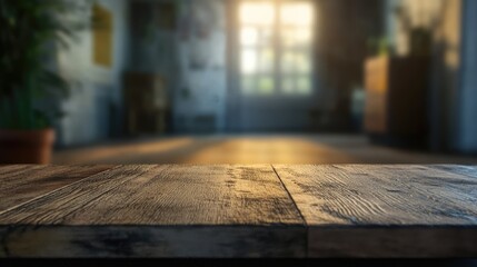 Poster - Wooden Table Top with Blurred Interior Background Lighted by Sunlight