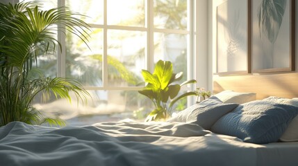 Poster - Bright and airy modern bedroom interior with sunlight streaming through big windows and lush greenery creating a tranquil summer atmosphere