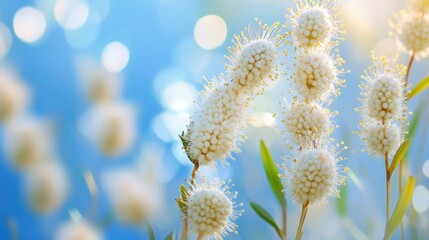 Poster - Tamarix blossoms in spring featuring delicate white flowers against a serene blue sky background with a soft focus appeal.