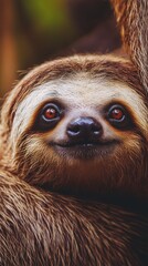 Wall Mural - A smiling sloth nestled in fur, showcasing its calm and endearing nature in vibrant detail