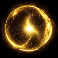 Wall Mural - abstract yellow lightning circle on black backdrop. magic round shape.