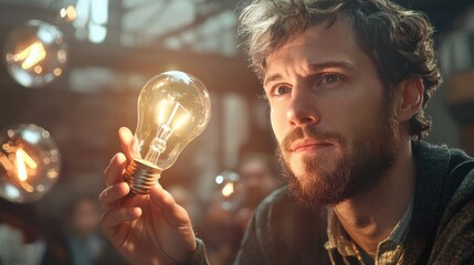 Poster - A thoughtful man holds a light bulb, reflecting creativity and innovation in a warm, illuminated workshop.