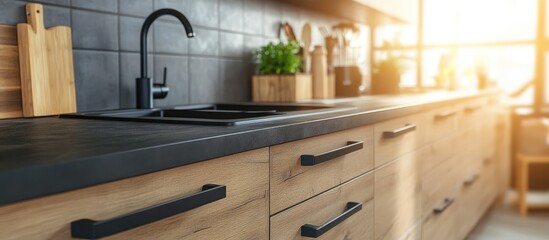 Wall Mural - Modern kitchen design featuring stylish cabinetry and elegant countertops illuminated by morning sunlight in a home improvement store setting.