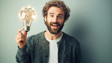 Poster - A cheerful man holding a glowing light bulb, symbolizing creativity and inspiration, against a soft-colored background.