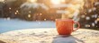 © AIArtistry - Cozy steaming cup of hot drink on snowy outdoor table with morning sunlight creating a warm atmosphere in a winter garden scene.