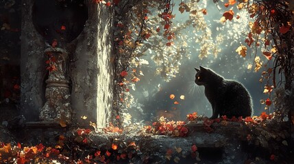 Poster - Black Cat in Autumnal Setting: A Mystical Window View