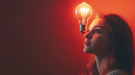 Poster - A woman gazes thoughtfully with a glowing light bulb above her head, symbolizing creativity and inspiration against a warm, red backdrop.