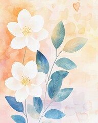 Canvas Print - An elegant watercolor illustration featuring delicate cherry blossoms in pale pink and white, surrounded by soft green leaves and faint golden highlights, creating a minimalist and timeless 