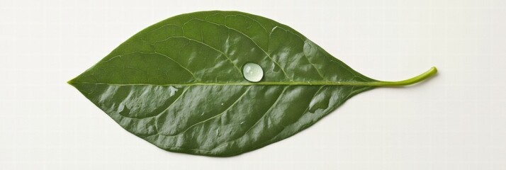 Poster - Single green leaf showcasing a pristine water droplet in natural light. Generative AI